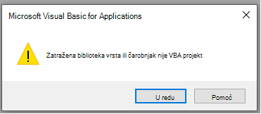 Snimka zaslona pogreške u prozoru programa Microsoft Visual Basic for Applications