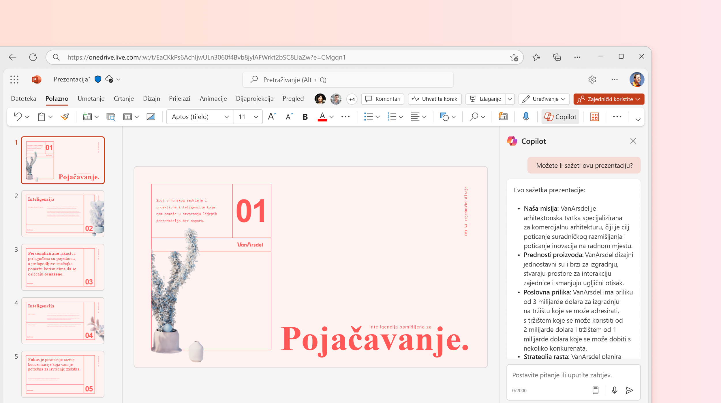 Snimka zaslona prikazuje kako Copilot u programu PowerPoint pravi sažetak prezentacije.