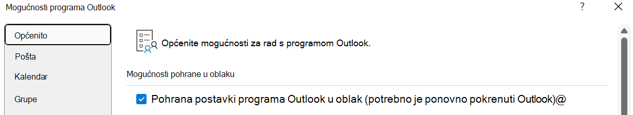 "Pohrani moje postavke programa Outlook u oblaku (zahtijeva ponovno pokretanje programa Outlook)" trebalo bi biti omogućeno ako korisnik želi uvesti svoje postavke u novi Outlook za Windows