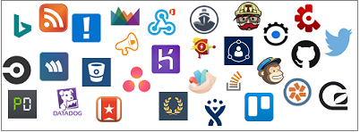 Prikazani logotipi obuhvaćaju Aha!, AppSignal, Asana, Bing vijesti, BitBucket, Bugsnag, CircleCI, Codeship, Crashlytics, Datadog, Dynamics CRM Online, GitHub, GoSquared, Groove, HelpScout, Heroku, Incoming Webhook, JIRA, MailChimp, PagerDuty, Pivotal Tracker, Raygun,