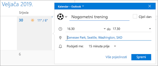 Snimka zaslona dijaloškog okvira za stvaranje događaja