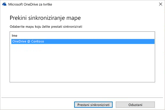 Snimka zaslona na kojoj je prikazan dijaloški okvir za prekidanje sinkronizacije mape