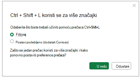 Snimka zaslona dijaloškog okvira sukob tipkovnog prečaca s popisom mogućih akcija.