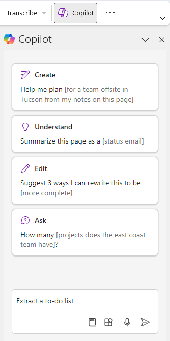 Type Extract To Do List in the Copilot pane in OneNote