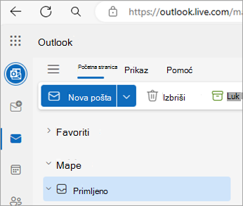 Snimka zaslona na kojoj Outlook.com početna stranica