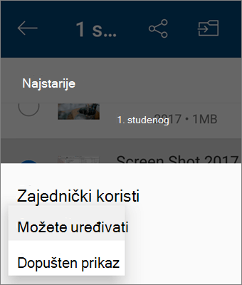 Snimka zaslona promjene dozvole tijekom zajedničkog korištenja u aplikaciji OneDrive za Android