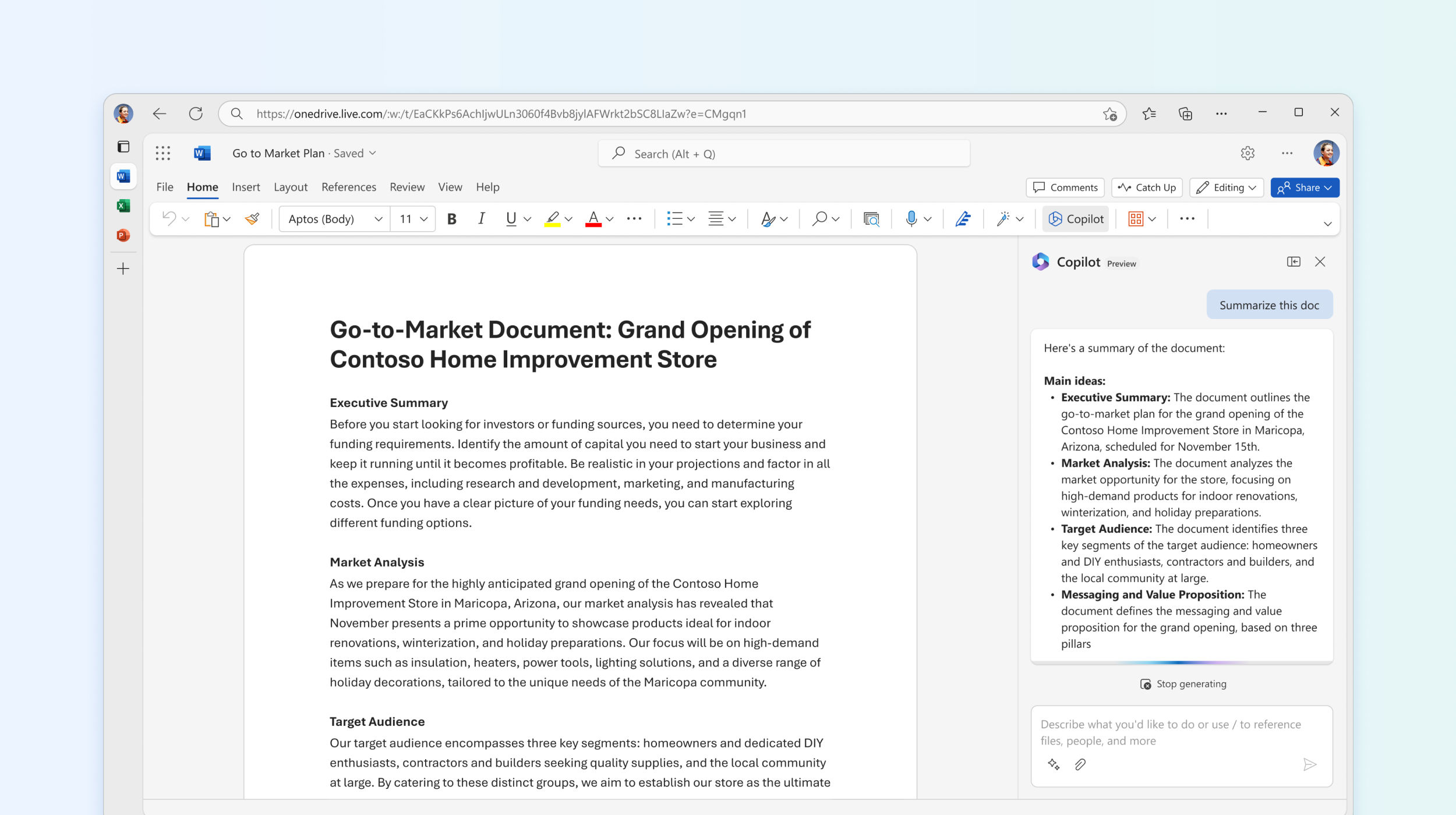 Snimka zaslona prikazuje kako Copilot u programu Word sažima dokument.