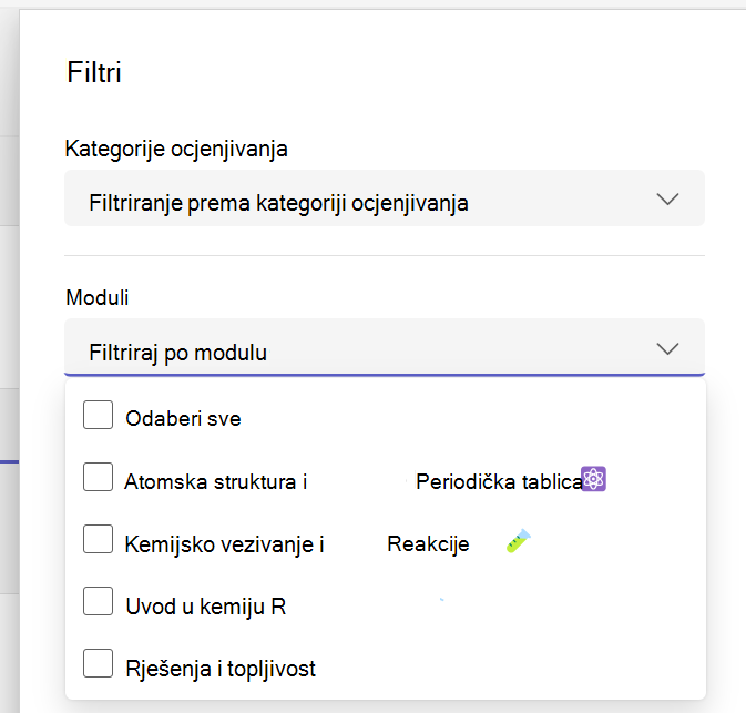 Prikaz filtra proširenih modula na popisu zadataka