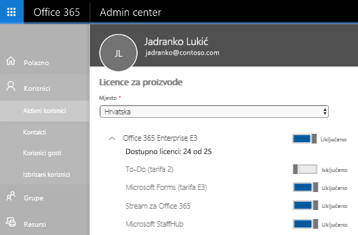 Snimka prikazuje stranicu licenci za proizvode u centru za administratore sustava Office 365 s isključenom kontrolom za obaveze (Plan 2).