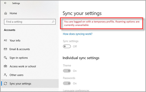 na zaslonu Postavke računa Windows 10 s istaknutom porukom upozorenja.