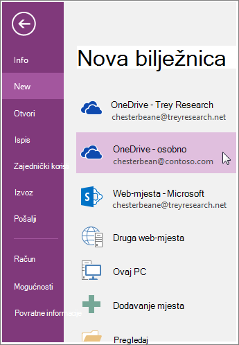 Snimka zaslona stvaranja nove bilježnice programa OneNote.