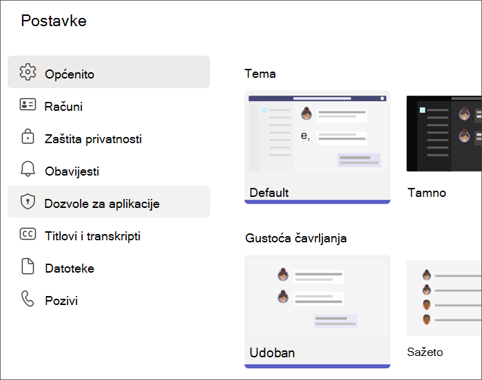 Snimka zaslona postavki aplikacije Teams iz profila učenika. Istaknute su dozvole za aplikacije.