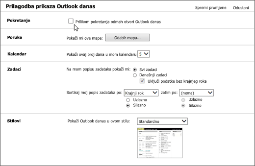 Snimka zaslona okna Outlook danas u programu Outlook prikazuje mogućnosti dostupne za pokretanje, poruke, kalendar, zadatke i stilove. Pokazivač upućuje na potvrdni okvir za "Prilikom pokretanja idite izravno na Outlook danas".