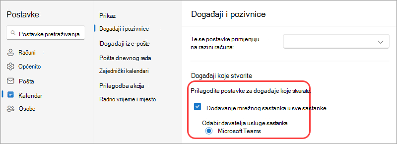 Postavite Microsoft kao zadanog davatelja mrežnih sastanaka u postavkama kalendara.