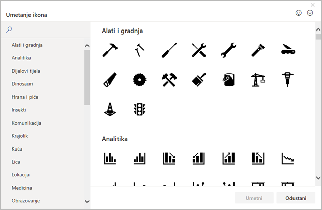 Možete odabrati ikonu za umetanje iz biblioteke ikona u sustavu Office
