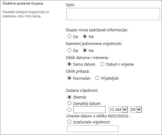 Choices for the date time column