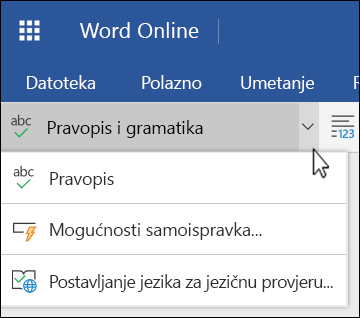 Proširen popis mogućnosti provjere pravopisa i gramatike u programu Word Online