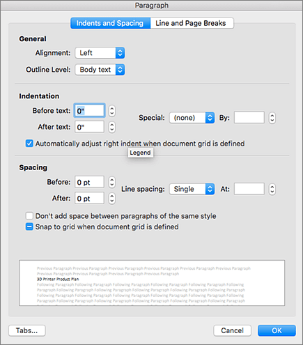 Dijaloški okvir Odlomak u programu Outlook za Mac.