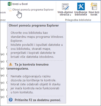 Odabrana mogućnost Otvori pomoću programa Explorer, ali nije omogućena.