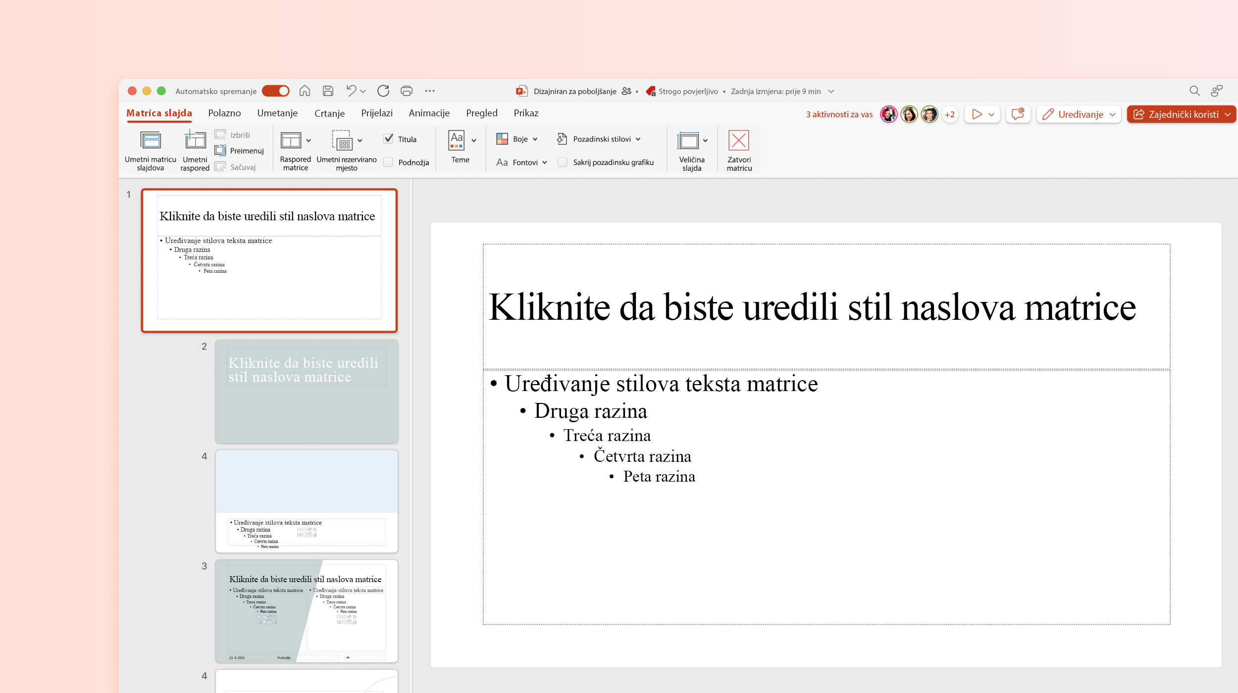 Snimka zaslona prikazuje matricu slajdova u predlošku programa PowerPoint.