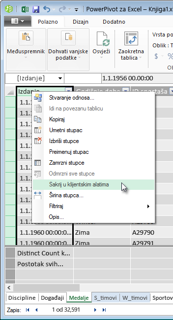 skrivanje polja tablica iz klijentskih alata programa Excel klikom na desnu tipku miša