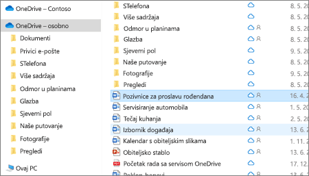 Snimka zaslona koja prikazuje osobnu mapu servisa OneDrive u eksploreru za datoteke.