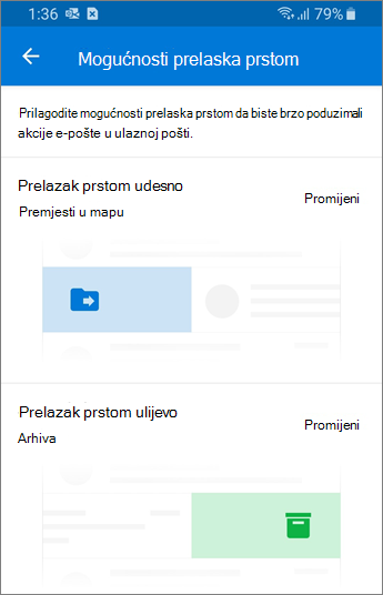 Postavljanje mogućnosti prelaska prstom u aplikaciji Outlook Mobile