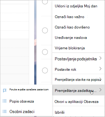 Pritisnite i držite (ili kliknite desnom tipkom miša) da biste pristupili kontekstnom izborniku. Odaberite Premjesti zadatke u ... i odaberite popis na koji želite premjestiti zadatak.