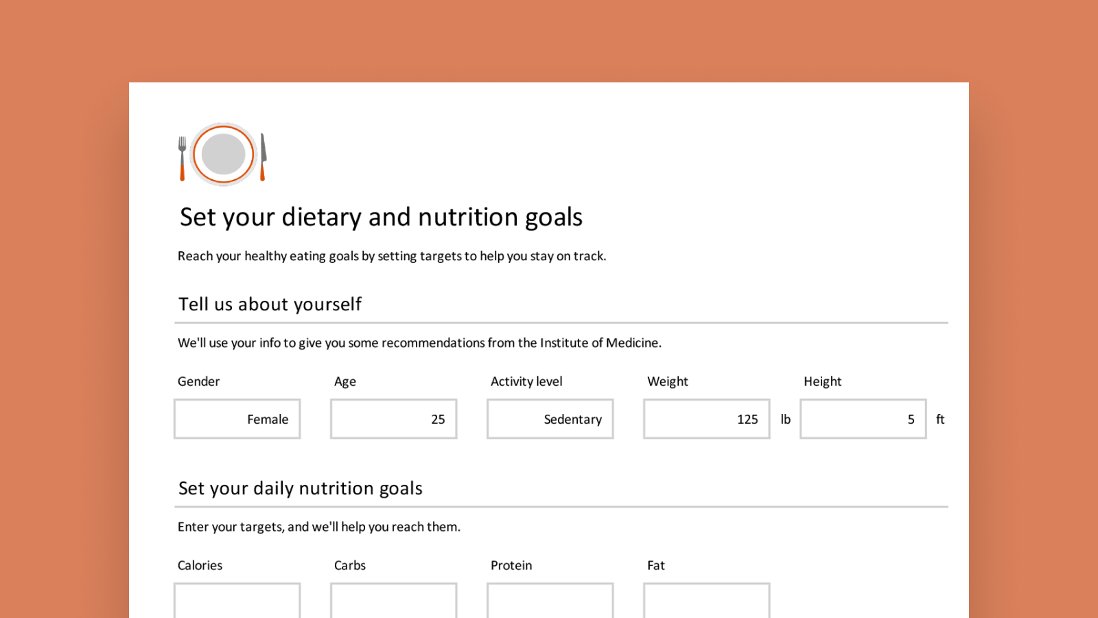 Snimka zaslona pametnog predloška alata za praćenje prehrane.