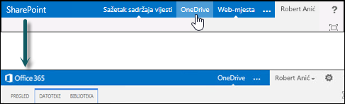 Odabir servisa OneDrive u sustavu SharePoint radi otvaranja servisa OneDrive za tvrtke u sustavu Office 365