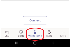 Ikona Walkie Talkie pri dnu zaslona aplikacije Teams