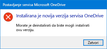 OneDrive skočni prozor s pogreškom