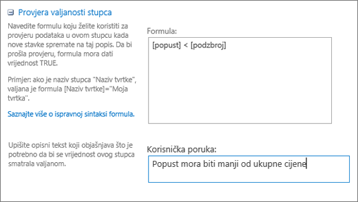 Column validation dialog with fields filled in with sample data