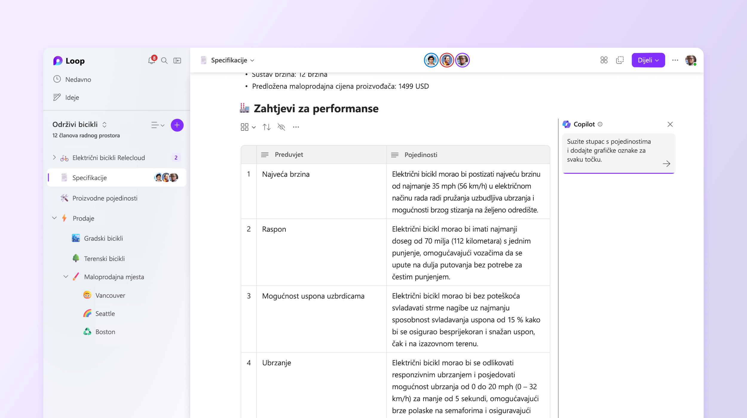 Snimka zaslona prikazuje Copilot u aplikaciji Loop kako uređuje pojedinosti.