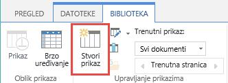 Gumb za stvaranje prikaza biblioteke sustava SharePoint na vrpci.