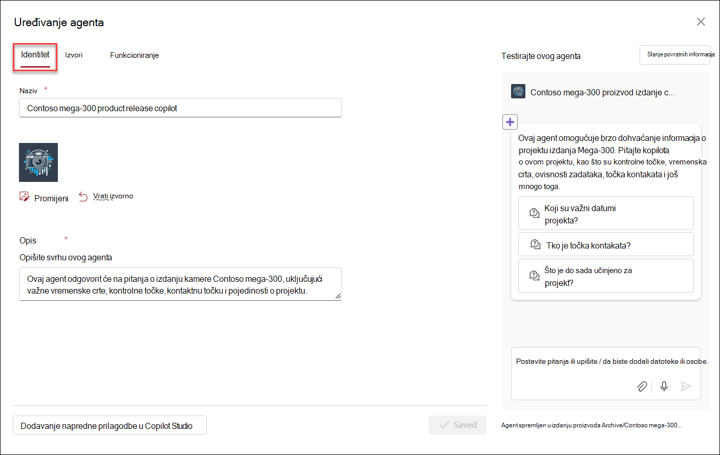 snimka zaslona početnog korisničkog sučelja za uređivanje agenta usluge Copilot