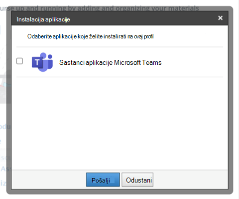 Snimka zaslona tečaja schoology s istaknutim modalnim načinom instalacije aplikacije i prikazom mogućnosti Sastanci aplikacije Microsoft Teams.