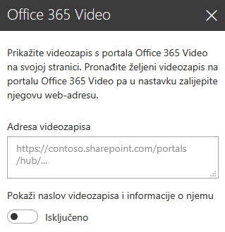 Snimka zaslona koja prikazuje dijaloški okvir za adresu za Office 365 Video u sustavu SharePoint.