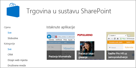 Prikaz odabira SharePoint trgovine Store