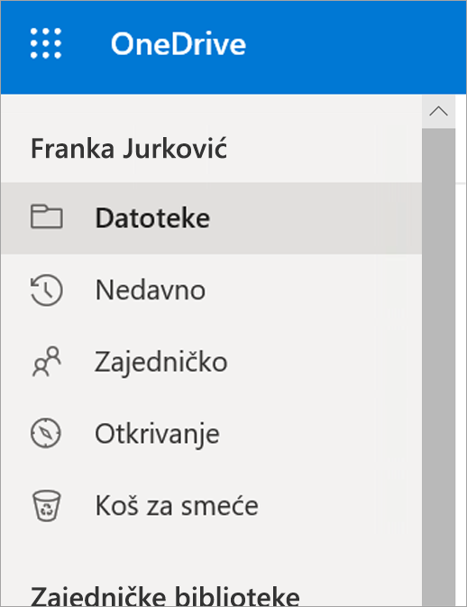 Izbornik prikaz na servisu OneDrive