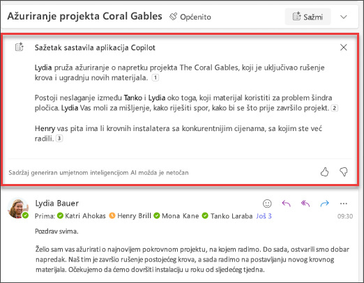 Sažetak niti poruka e-pošte s navodima koje je stvorio Copilot.