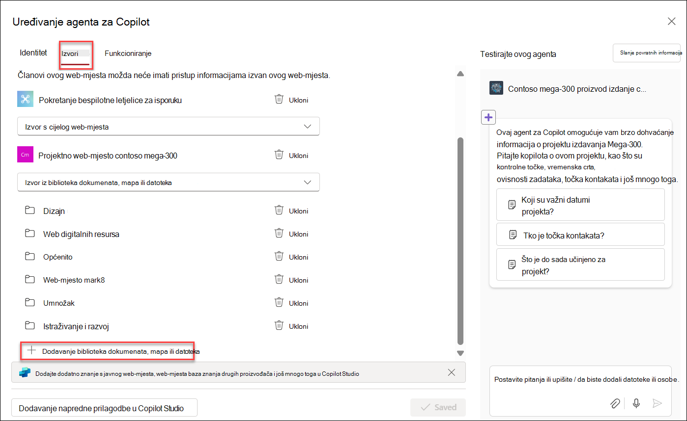 Snimka zaslona dodavanja resursa znanja agentu usluge Copilot