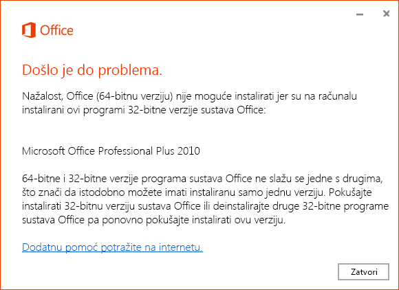 Nije moguće instalirati 64-bitnu verziju sustava Office preko 32-bitne
