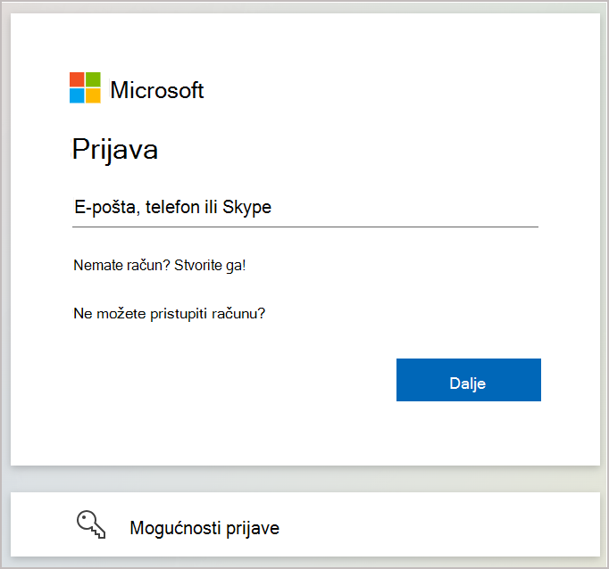 Snimka zaslona s prikazom dijaloškog okvira za prijavu u koji unosite adresu e-pošte ili telefonski broj povezan s Microsoftovim računom.