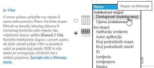 U sustavu SharePoint Online odaberite indeksirano polje