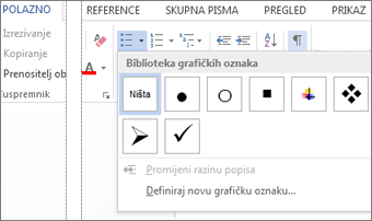 Biblioteka grafičkih oznaka koja se otvara klikom na gumb Grafičke oznake u grupi Odlomak na kartici Polazno