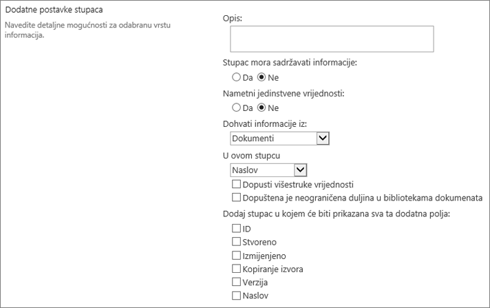 Dijaloški okvir odabir stupca s vrijednostima