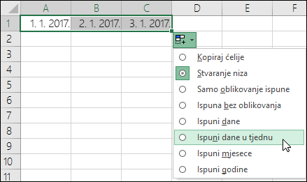 Stvaranje popisa uzastopnih datuma pomoću ručice za ispunu