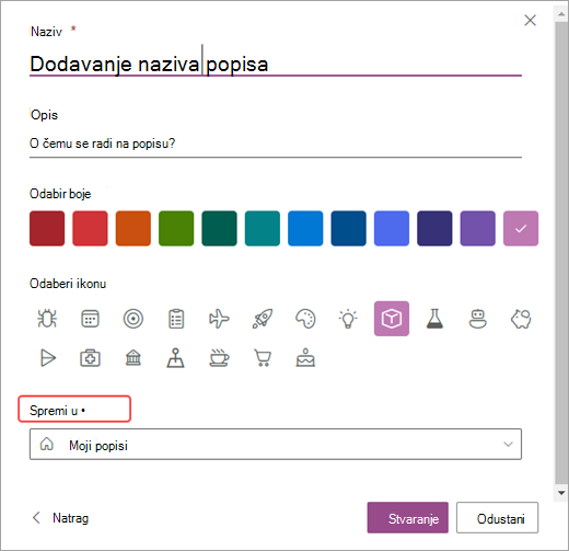 Snimka zaslona s mogućnostima prilagodbe popisa u sustavu SharePoint.