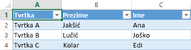 Excel spreadsheet displaying three records of data across three columns